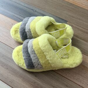 UGG Fluff Yeah Slide Lime Green Grey Striped Slingback Sandals Size 6